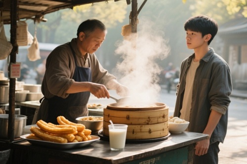 一個(gè)攤位前的面點(diǎn)類(lèi)早餐